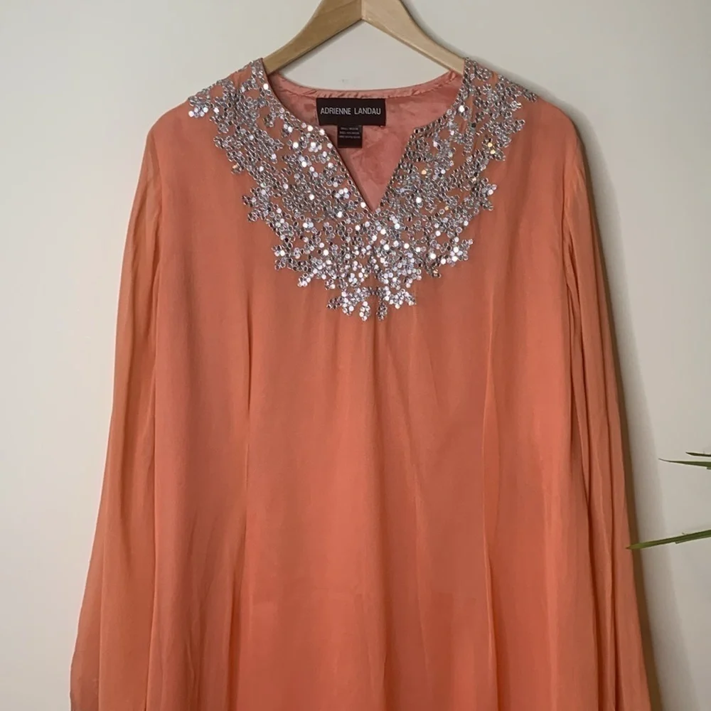 Adrienne Landau | Vintage Peach Sequin Lined Sheer Bell Sleeve Kaftan Dress S/M